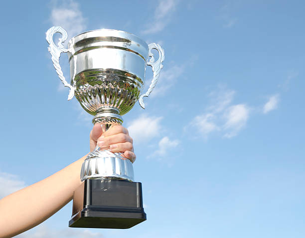 istock Hand holding a trophy with a blue sky on the background 185279968
