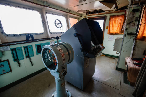 istock Navigational bridge and control device on old abandoned ship 1852800205