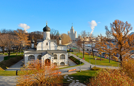 Russia, Moscow. Temple of the Conception of Righteous Anna, in the corner, in Zaryadye Park in autumn.