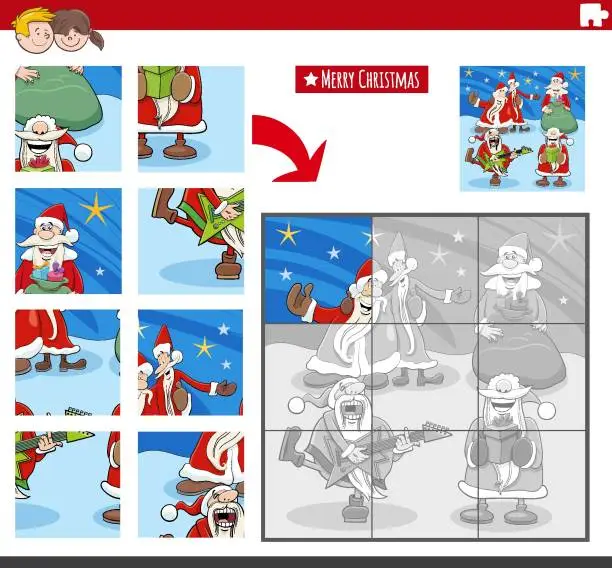 Vector illustration of jigsaw puzzle game with Santa Clauses on Christmas