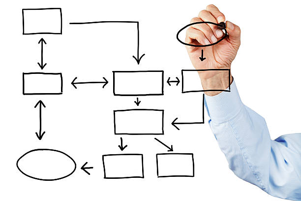 uomo d'affari con un diagramma di vuoto - diagram flow chart whiteboard empty foto e immagini stock