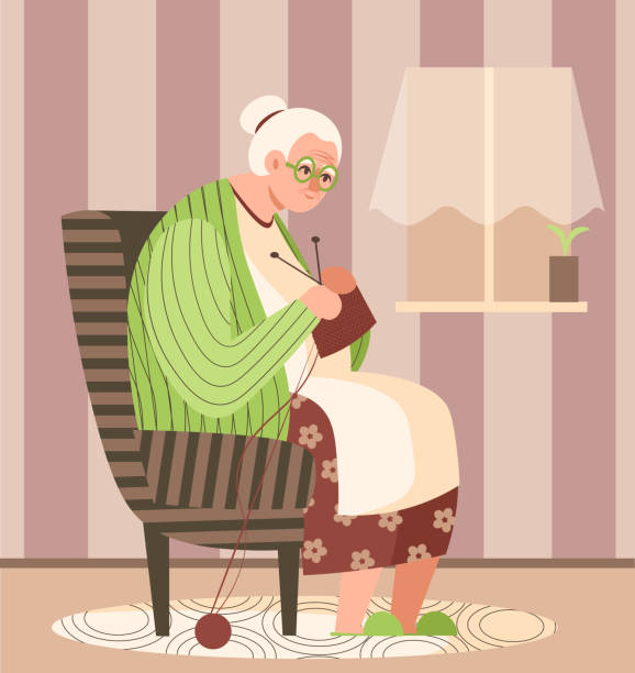 肘掛け椅子に座って編み物をしているおばあさん。高齢者、高齢者が自宅で過ごす時間 - old armchair women senior adult点のイラスト素材／クリップアート素材／マンガ素材／アイコン素材