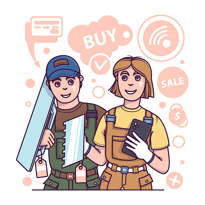 Man and woman ordering spatula via smartphone. Order different materials for repair online via smartphone. Fast delivery. Flat vector illustration in cartoon style