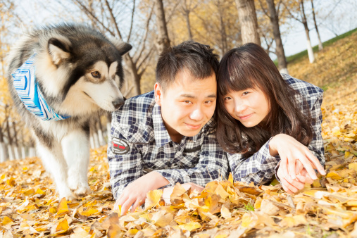 asian couple lie in leaves in fall.adobe rgb 1998 use...........