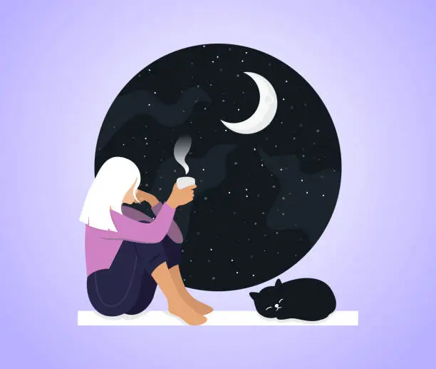 Vector illustration of Young cute girl with cat sitting on the windowsill at hight, drinks tea or coffee and looking through window at the moon. Relaxation, thinking, meditating concept. Flart cartoon vector illustration