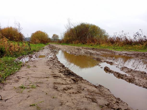 istock A broken dirt field road through the fields on which there are many large puddles after the rain. Very bad country road. 1852826284
