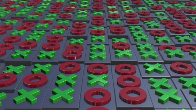 Abstract animation of moving 3D blocks with green cross marks and red circles , 4k , 60 fps