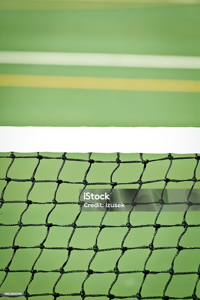 Tennis Court Net Close-up on tennis court net against green court. Abstract Stock Photo