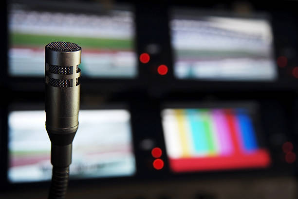 Broadcasting studio "Broadcasting studio, monitors and microphone" broadcast studio stock pictures, royalty-free photos & images