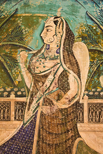 Painting of Indian Princess "Painting of Indian Princess, Bundi Palace, Rajasthan, India from the 18th century.For more photos of Rajasthan ..." mughal empire stock pictures, royalty-free photos & images