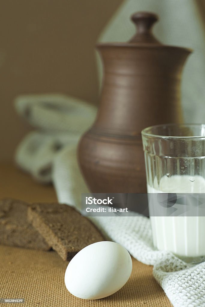 Breakfast Rural still life with bread, eggs and milk Antique Stock Photo