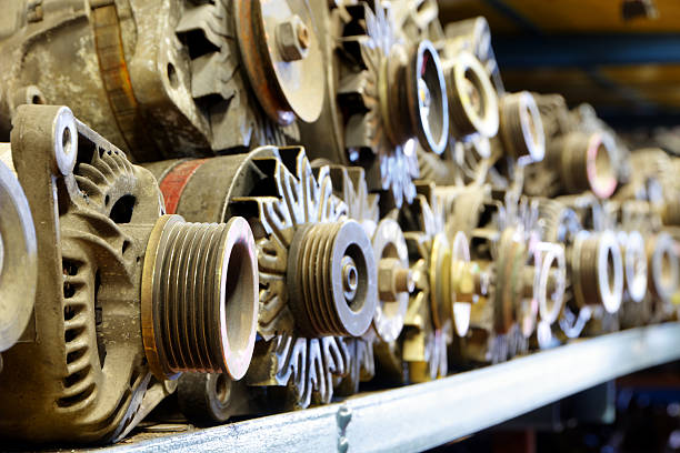 Random parts of used cars sitting in junkyard warehouse stock photo