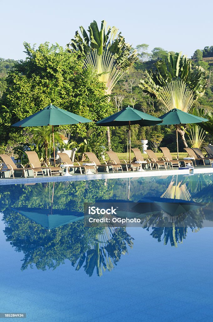 Sillas reclinables y sombrillas junto a la piscina en el resort tropical - Foto de stock de Actividades recreativas libre de derechos