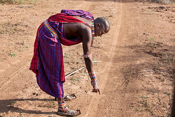 istock Masai guide pointing at leopard's foot print. Amboseli, Kenya. 185285078