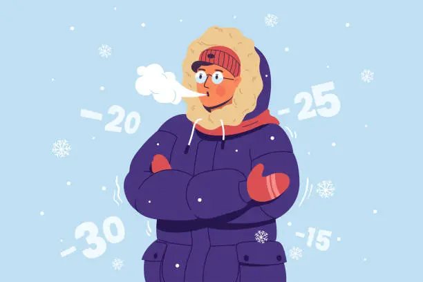 Vector illustration of A young man in warm clothes, a hat and gloves is freezing and shivering from the cold. Freezing guy blows steam from his mouth. Cold weather. Vector illustration in cartoon style.