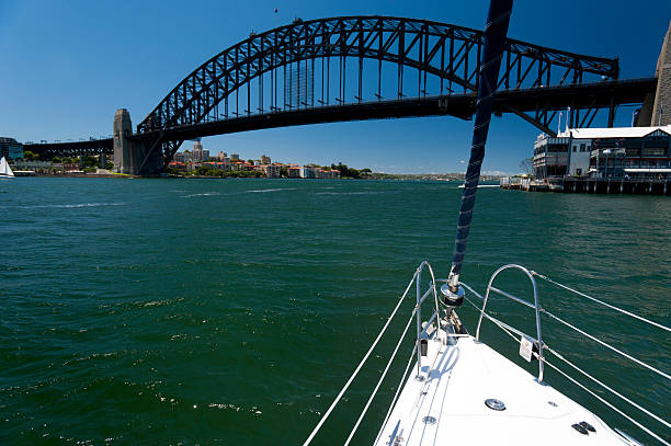 View of Sydney Harbour Bridge from the bow of a boat