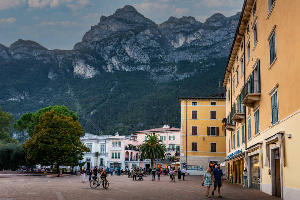 Riva del Garda, Italy - September, 30. 2023: Town square downtown Riva del Garda.