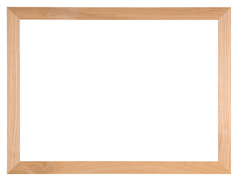 Empty picture frame isolated on white, landscape format, in light oak wood