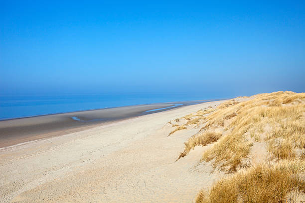the beach of the island of Texel with dark clouds in the background and a cove with a sandbar in the middel