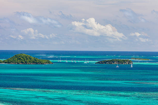 Tobago Cays The Tobago Cays surrounded by the beautiful blue and turquoise shades of the Caribbean Sea. Photo taken from Mayreau Island. St. Vincent and the Grenadines. Canon EOS 5D Mark II tobago cays stock pictures, royalty-free photos & images