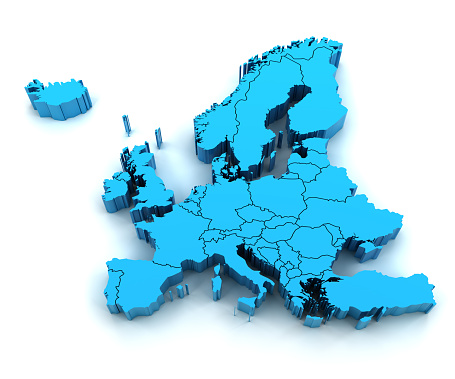 3d render of extruded Europe map with state borders, clipping path included
