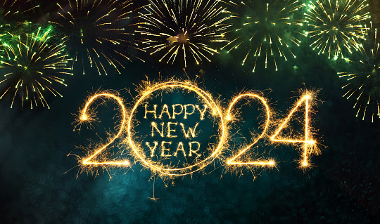 Creative poster Happy New Year 2024. Beautiful greeting card or holiday Web banner. Sparkling burning congratulations Happy New Year 2024 on green background with fireworks