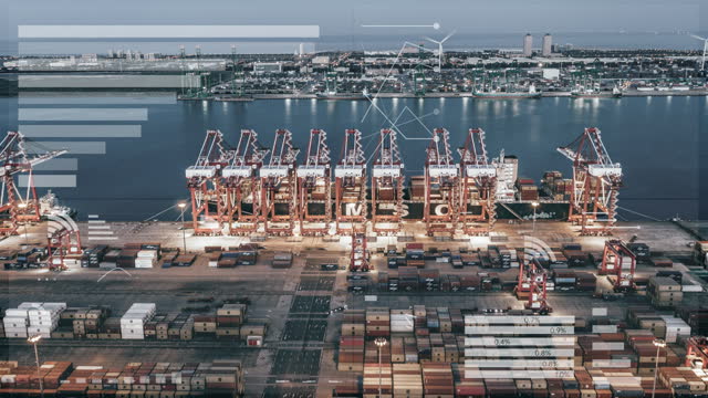T/L Aerial View of Industrial Port with Containers Ship at Night / Glowing Data Lines Concept