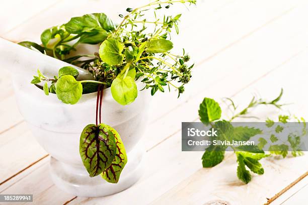 Herbs With Mortal And Pestle Stock Photo - Download Image Now - Chervil, Mint Leaf - Culinary, Sorrel