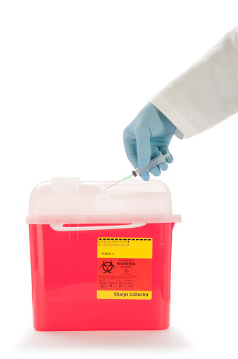 This image illustrates the safe disposal of a used medical syringe into a Sharp's container. Background is 255 white.