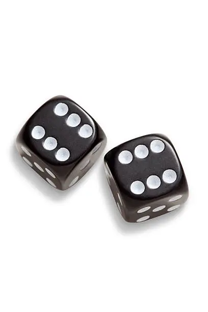 "Two black dice, showing double sixes on white background( with clipping path)"