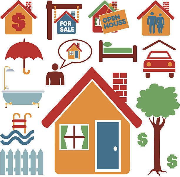 illustrazioni stock, clip art, cartoni animati e icone di tendenza di immobiliare icona imposta - real estate sign model home house for sale