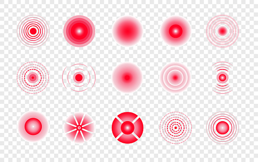 Pain points set. Pain localization sign and pain pointings. Red rings. Sonar waves. Set of radar icons. Radial markers to indicate of body hurt, vector illustration on white background.