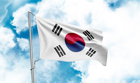 Korea South flag waving on sky background. 3D Rendering