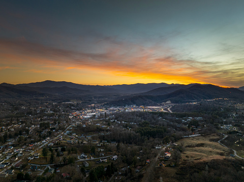 Colorful skies above Canton, NC in the Blue Ridge Mountains during winter
