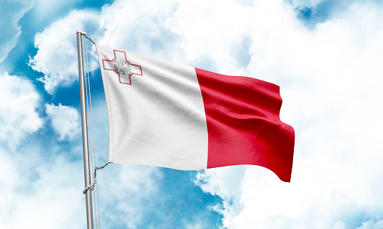 Malta flag waving on sky background. 3D Rendering