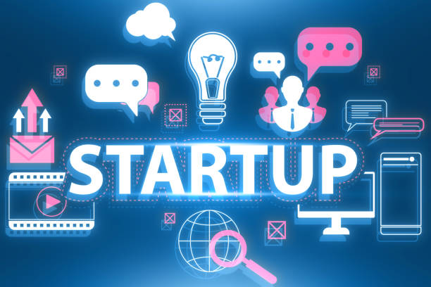 istock Creative start up hologram on blue background. New business beginnings concept. 3D Rendering. 1852941180