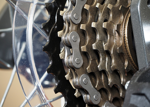 Metal gearwhell group. Close up of a bicycle gear mechanism.