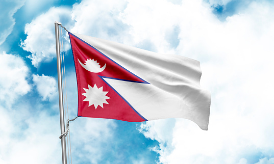 Nepal flag waving on sky background. 3D Rendering