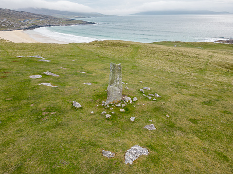 An aerial drone view of MacLeod's Stone, also known as Clach Mhic Leoid in Gaelic, on the island of Harris, on the northwest coast of Scotland. The neolithic standing stone dates back more than 4,500 years.