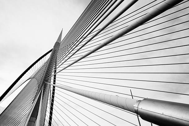silver steel bridge "Landmark of modern silver steel bridge in black and white in Putrajaya, Malaysia. Asia" steel cable photos stock pictures, royalty-free photos & images