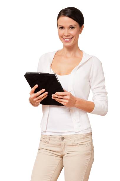 istock Young Woman with Digital Tablet Computer Isolated on White Background 185295869