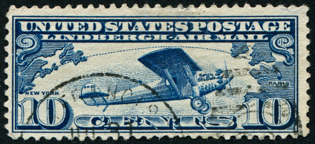 Cancelled 10 Cent Lindbergh Air Mail Stamp Featuring The Spirit Of St. Louis Which Was Charles Lindbergh's Airplane When He Flew From New York To Paris.