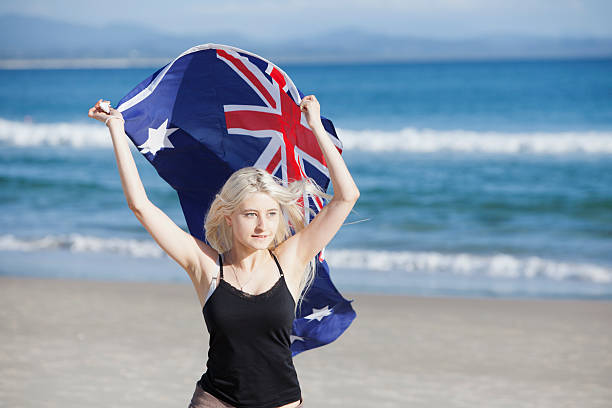 istock Running on Beach With Australian Flag 185296681