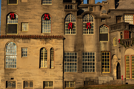 Doylestown, Pa. USA, Dec. 12, 2023: Fonthill castle with Christmas decorations in Doylestown, Pa. USA.