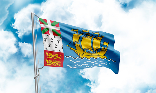 Saint Pierre and Miquelon flag waving on sky background. 3D Rendering