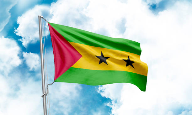istock Sao Tome and Principe flag waving on sky background. 3D Rendering 1852970424