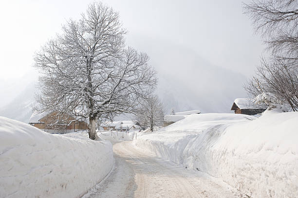 Country road at Mittelberg, Kleinwalsertal, Austria "Country road in the wintertime at Mittelberg, Kleinwalsertal, Austria. Some snowklajes are visible." kleinwalsertal stock pictures, royalty-free photos & images