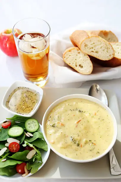 lunch - broccoli cheddar soup, bread,salad