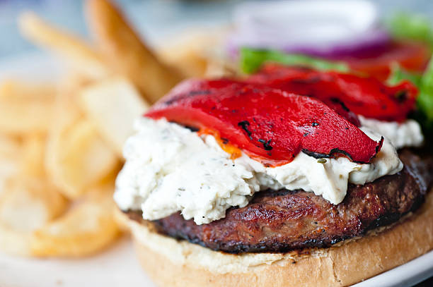 istock Goat cheese and red peppers hamburger 185298915