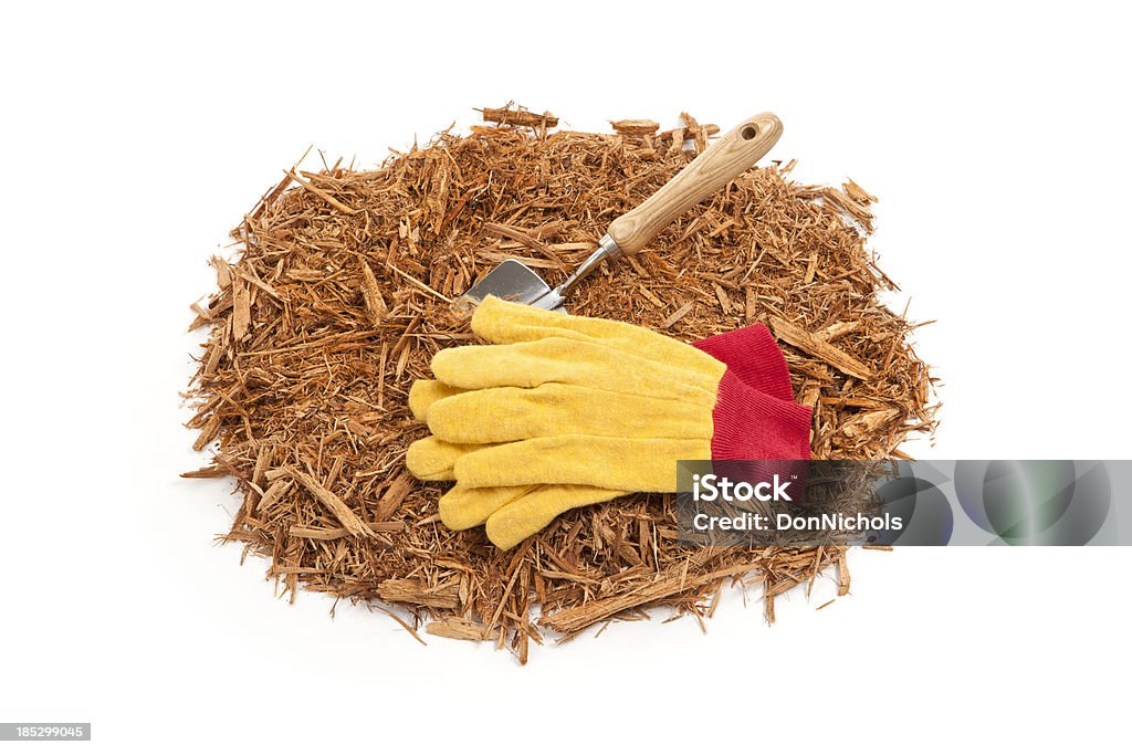 Mulch guantes y jardín pala - Foto de stock de Mantillo libre de derechos